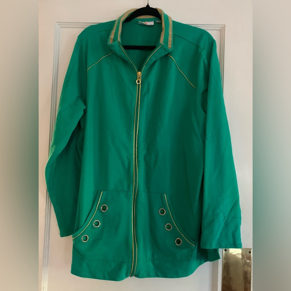 Quacker Factory Track Jacket Women 2X  Green Bling Gold Zip Up Rocker Grandma*